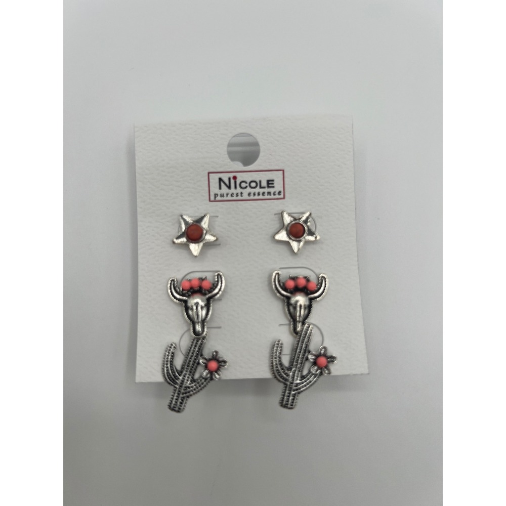 Nicole Purest Essence Western Earring Set Star Cactus Cow Skull Silver Tone Pink